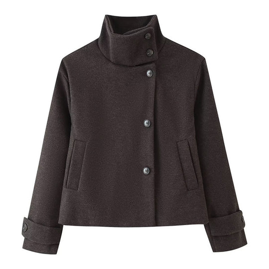 Damen kurze Boxy-Wolljacke mit Stehkragen und Manschetten Nord Taschen