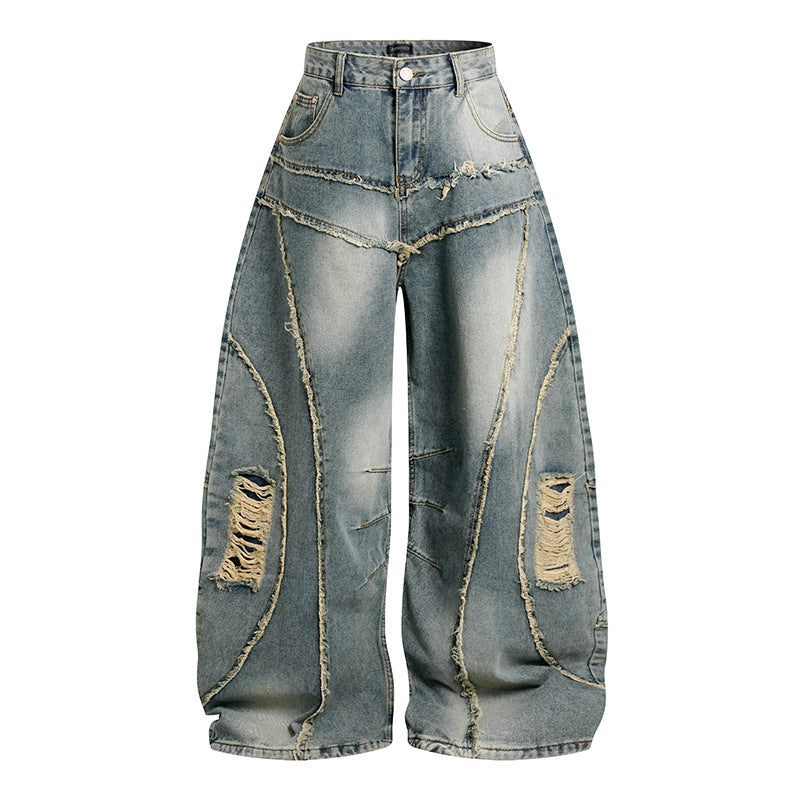 Damen Hochtaillierte weit geschnittene Destroy-Jeans mit Fransen‑Nahtdetails Nord Taschen
