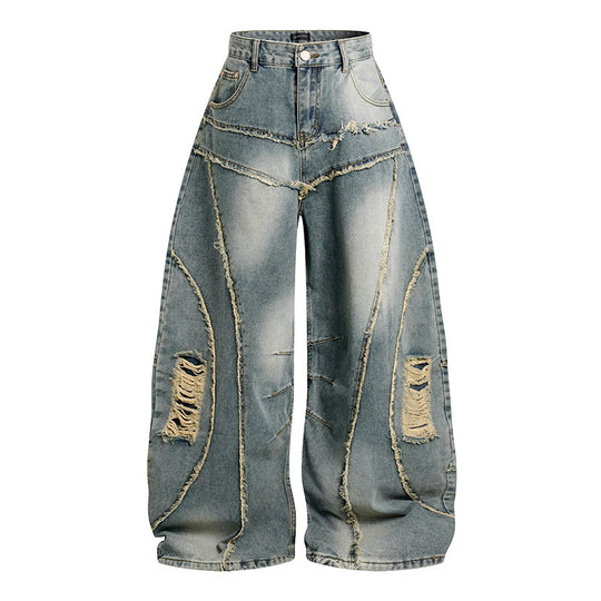 Damen Hochtaillierte weit geschnittene Destroy-Jeans mit Fransen‑Nahtdetails Nord Taschen