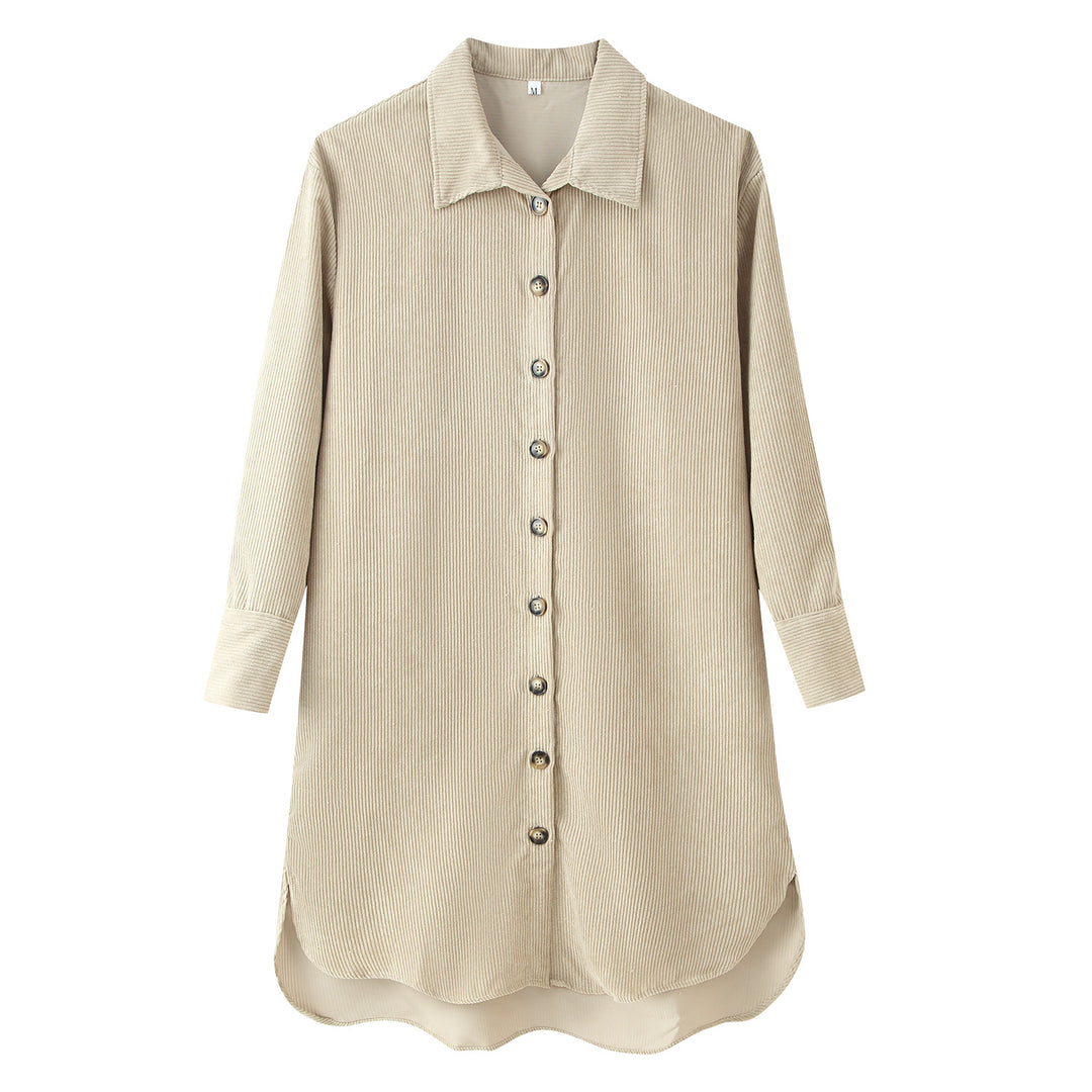 Damen Langes Hemdkleid aus Cord‑Ripp mit durchgehender Knopfleiste, Hemdkragen und abgerundetem Saum Nord Taschen