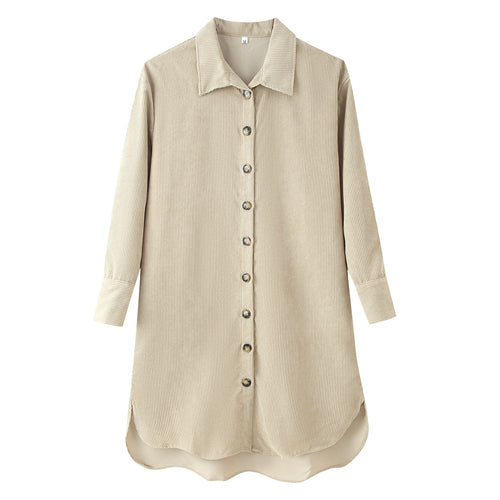 Damen Langes Hemdkleid aus Cord‑Ripp mit durchgehender Knopfleiste, Hemdkragen und abgerundetem Saum Nord Taschen