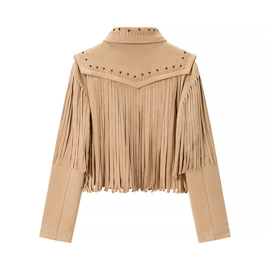 Damen Kurze Fransen-Suedejacke im Westernstil mit Nietenbesatz und Frontreißverschluss Nord Taschen