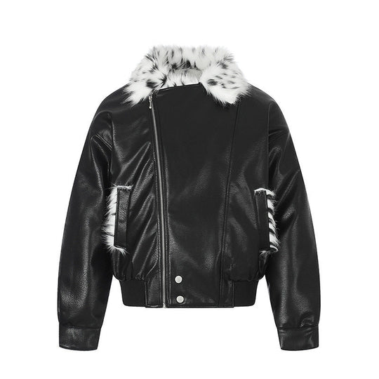 Damen Kunstleder-Bomberjacke mit asymmetrischem Reißverschluss und kontrastierendem Faux-Fur-Kragen Nord Taschen