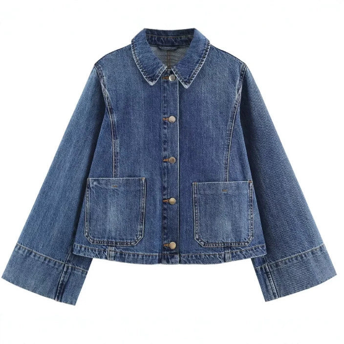 Damen Kurzer Boxy-Jeansblouson mit oversized Manschetten und aufgesetzten Taschen Nord Taschen