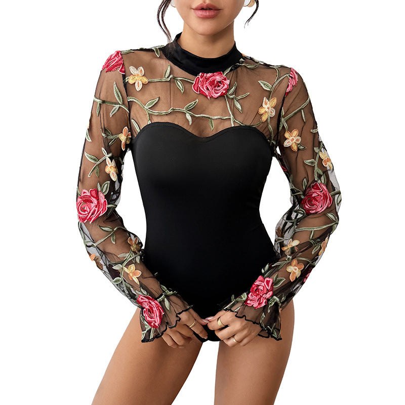 Damen Transparenter Mesh-Body mit floraler Stickerei, Stehkragen und Bustier-Optik Nord Taschen