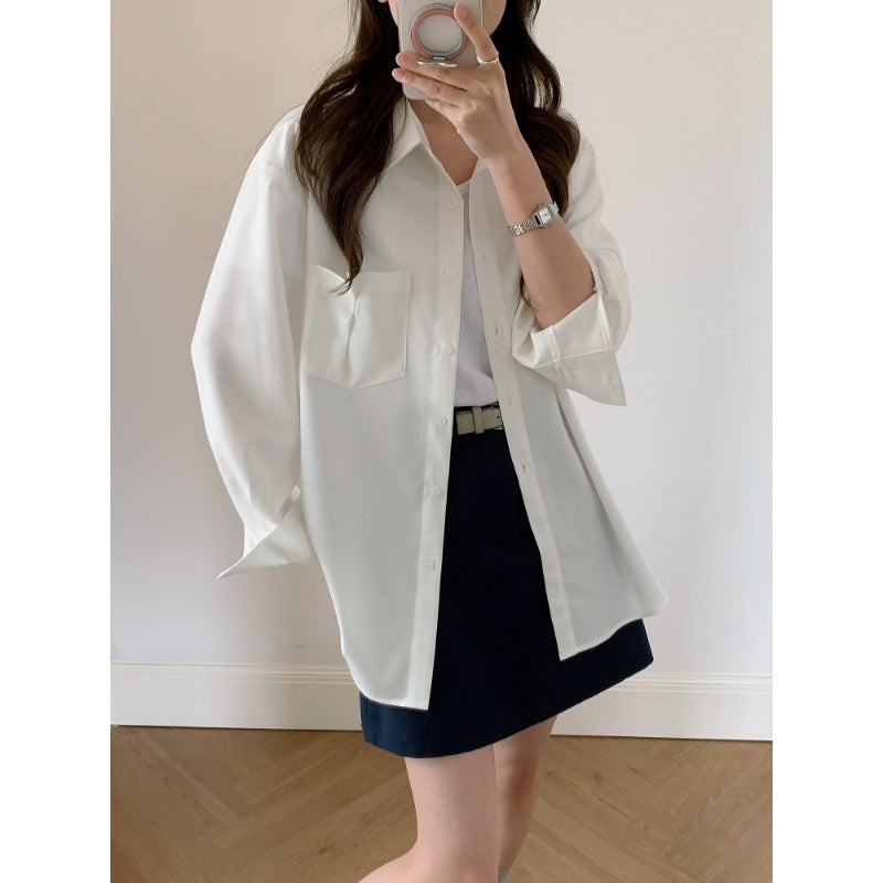 Damen Oversized Hemdbluse aus fließendem Material mit Brusttasche Nord Taschen