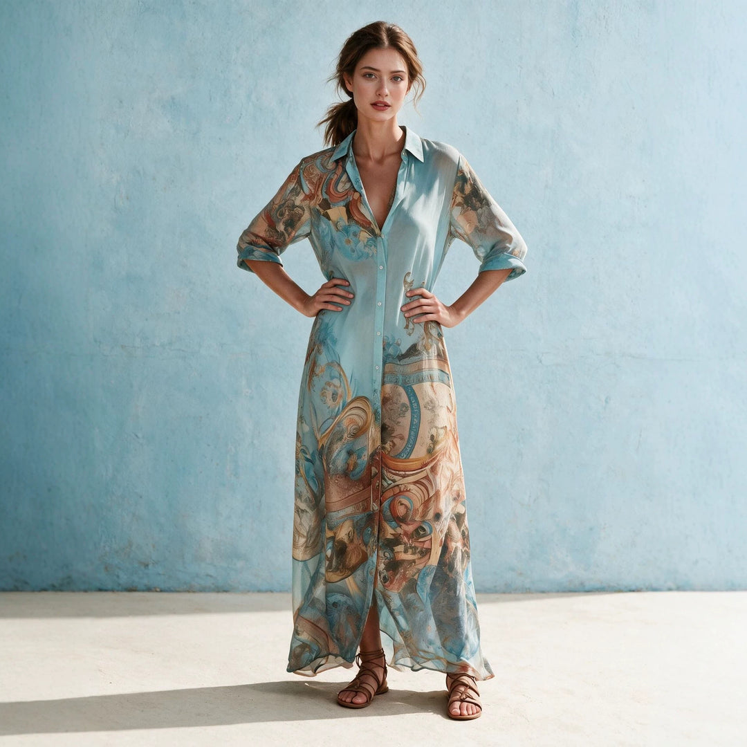 Damen Hemdblusenkleid Maxikleid in fließender Seidenoptik mit kunstvollem Allover-Print und 3/4-Ärmeln Nord Taschen