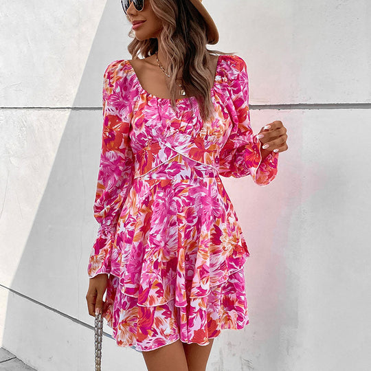 Damen Florales Rüschiges Skaterkleid mit Carmen-Ausschnitt, Taillennaht & Volantstufen Nord Taschen