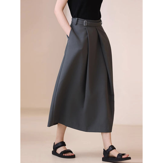 Damen Taillenhoher A-Linien Midirock mit präzisen Kellerfalten, breitem Taillenband & Eingrifftaschen Nord Taschen