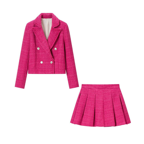 Damen Zweiteiliges Tweed-Set mit Kurzblazer und Plissiertem Minirock Nord Taschen