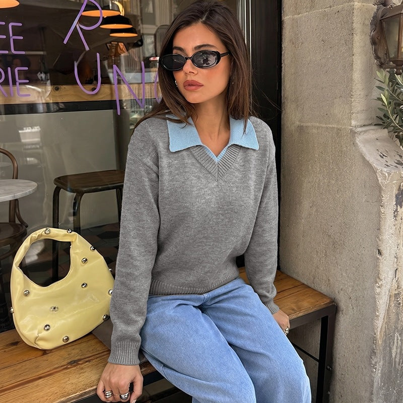 Damen Eleganter V-Ausschnitt Pullover mit Hemdkragen Nord Taschen