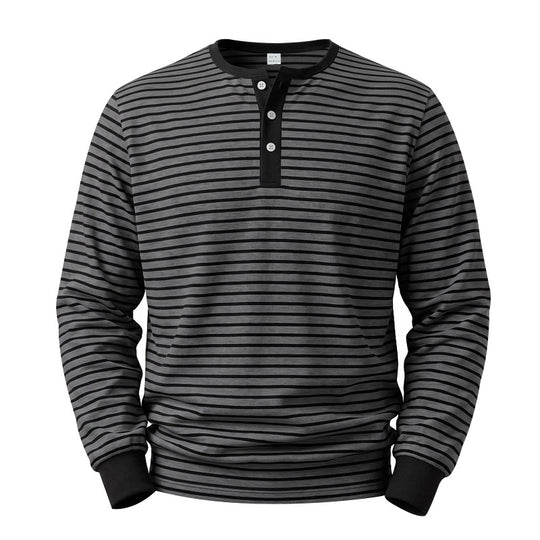 Herren Langarm-Henleyshirt aus Baumwoll-Mix mit feinen Streifen und Knopfleiste Nord Taschen