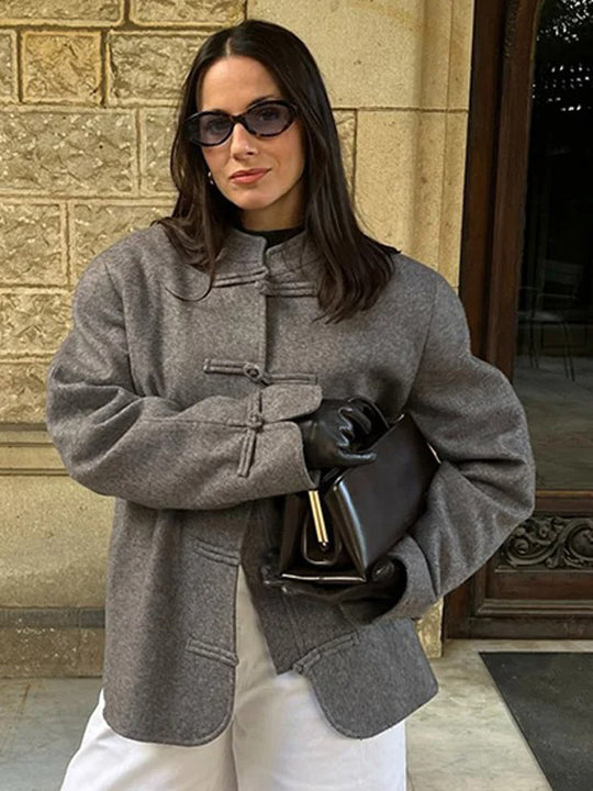 Damen Boxy Wollmix-Kurzjacke mit Knebelverschlüssen und Stehkragen Nord Taschen