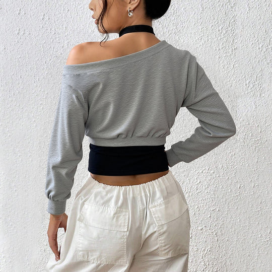 Damen cropped Sweatshirt mit weitem Carmen‑Ausschnitt, ballonärmeln und gerafftem Bund Nord Taschen