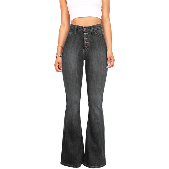 Damen High-Waist Flared Jeans mit dekorativen Knopfdetails und elastischem Bund Nord Taschen