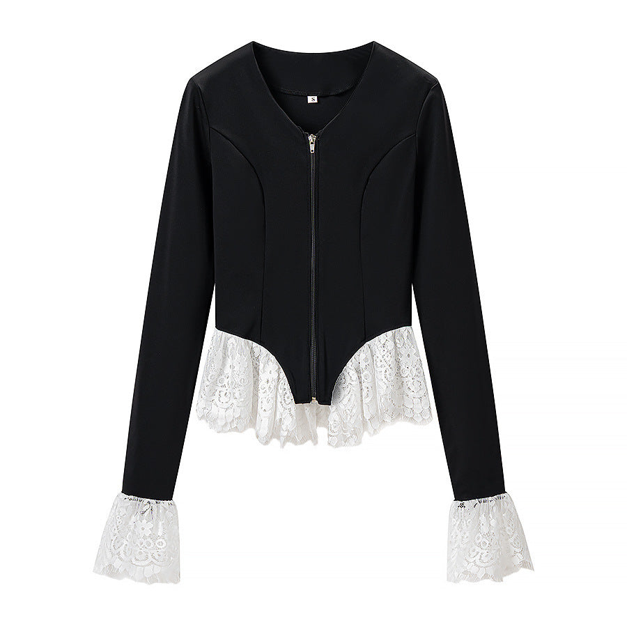 Damen Taillierte Zip‑Jacke mit Spitzenvolant am Saum und Ärmelabschluss Nord Taschen