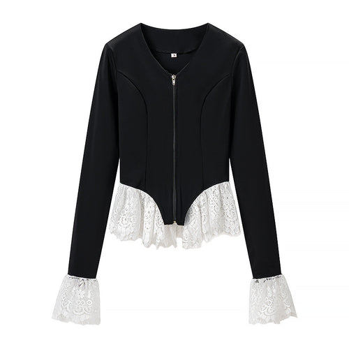 Damen Taillierte Zip‑Jacke mit Spitzenvolant am Saum und Ärmelabschluss Nord Taschen