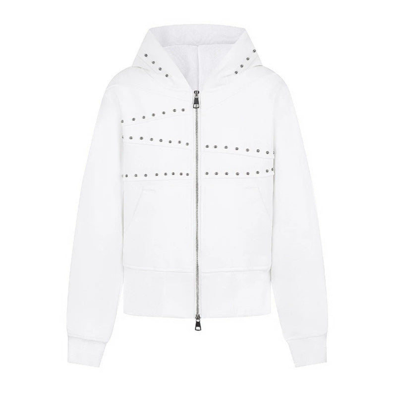 Damen Kapuzen-Sweatjacke mit Nietenbesatz, durchgehendem Reißverschluss und Kängurutaschen Nord Taschen