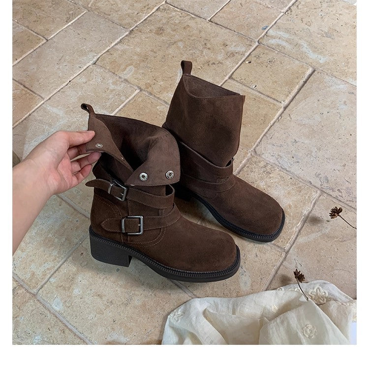 Damen Veloursleder-Bikerstiefel mit Schnallen und mittlerem Blockabsatz Nord Taschen