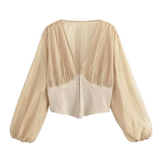 Damen Cropped Chiffon-Bluse mit tiefem V-Ausschnitt und tailliertem Korsettbund Nord Taschen