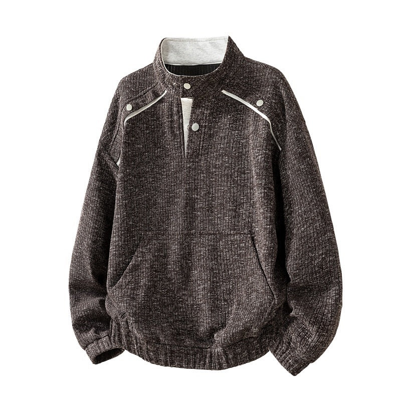 Herren Oversize Struktur-Halbzip-Strickpullover mit Stehkragen, Druckknopfblende & Kängurutasche Nord Taschen