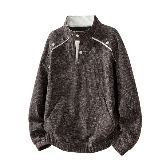 Herren Oversize Struktur-Halbzip-Strickpullover mit Stehkragen, Druckknopfblende & Kängurutasche Nord Taschen