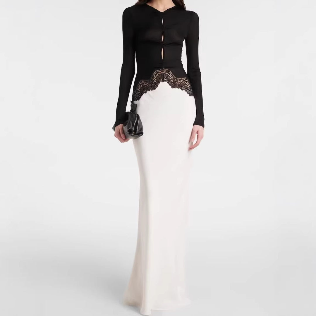 Damen Maxikleid mit Spitzeneinsatz, geraffter Vorderpartie und fließender Saum Nord Taschen