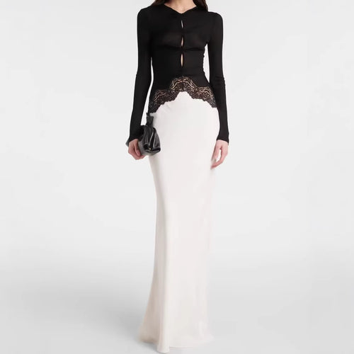 Damen Maxikleid mit Spitzeneinsatz, geraffter Vorderpartie und fließender Saum Nord Taschen