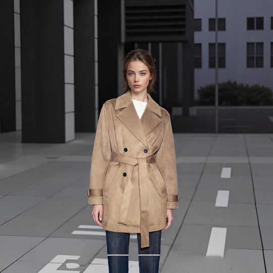Damen Taillierter Wildlederoptik-Trenchcoat mit Bindegürtel und doppelreihiger Knopfleiste Nord Taschen