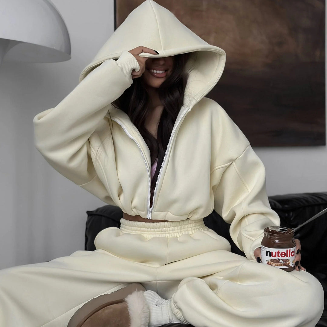 Damen kurzes Oversize-Scuba-Zip-Hoodie mit Tunnelzug und figurformender High-Waist-Jogginghose Nord Taschen