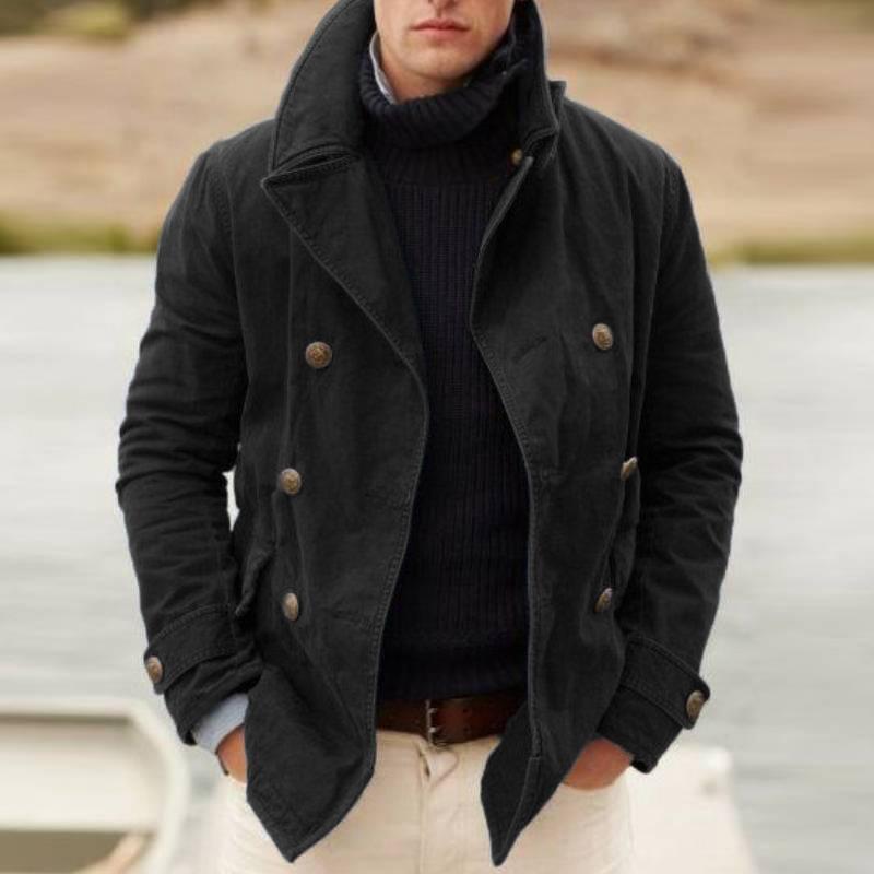 Herren Winddichte Fischerjacke mit doppelter Knopfleiste und hohem Kragen