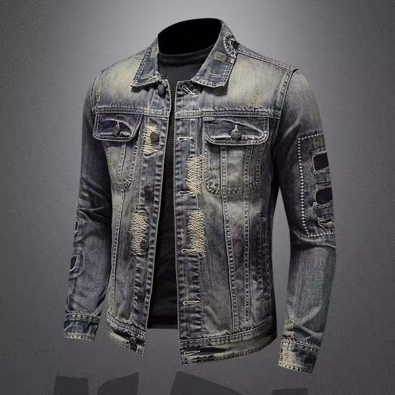 Herren Vintage-Jeansjacke mit Used-Effekten, Destroyed-Details und aufgesetzten Brusttaschen Nord Taschen