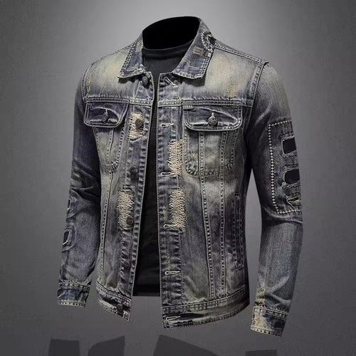 Herren Vintage-Jeansjacke mit Used-Effekten, Destroyed-Details und aufgesetzten Brusttaschen Nord Taschen