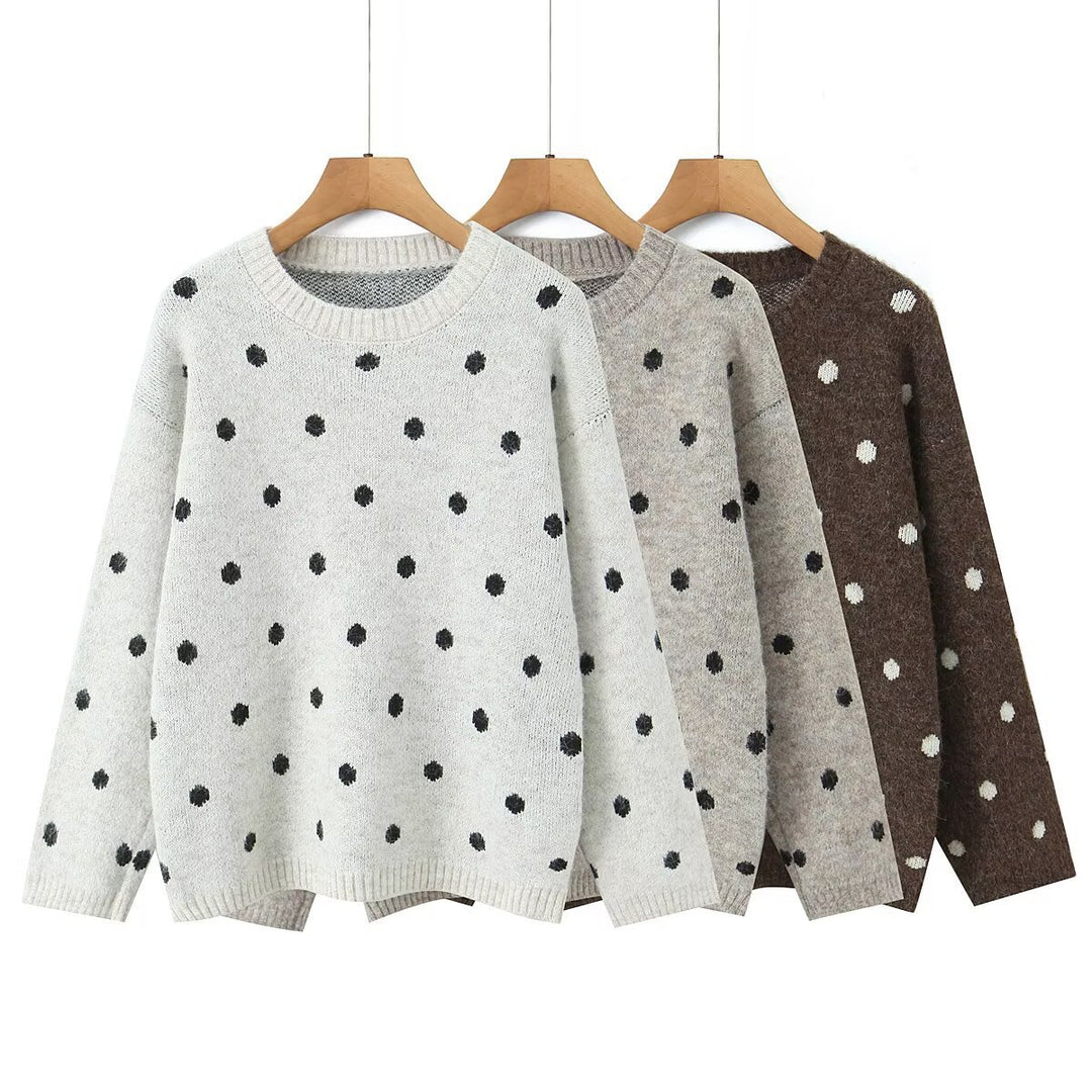 Damen Gepunkteter Oversize-Strickpullover mit Rundhalsausschnitt Nord Taschen