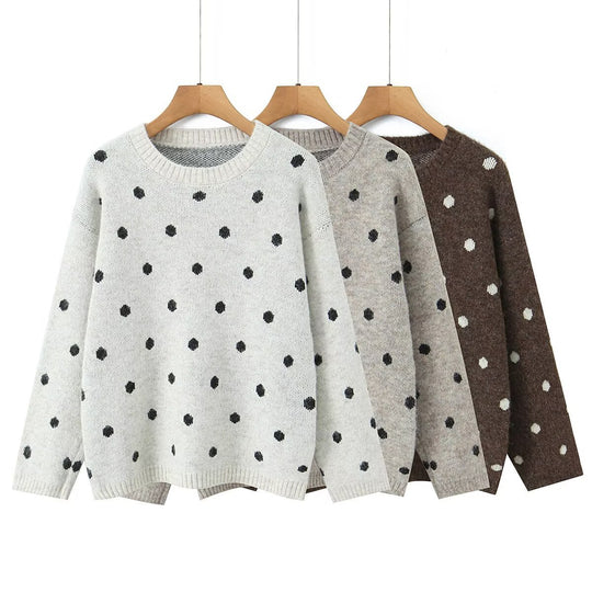 Damen Gepunkteter Oversize-Strickpullover mit Rundhalsausschnitt Nord Taschen