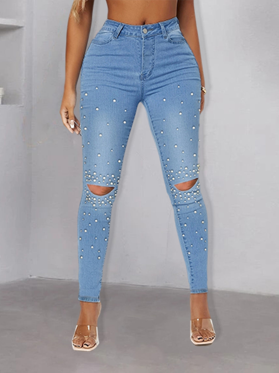 Damen Enganliegende High-Waist Skinny-Jeans mit Perlenbesatz und Knie-Cutouts Nord Taschen