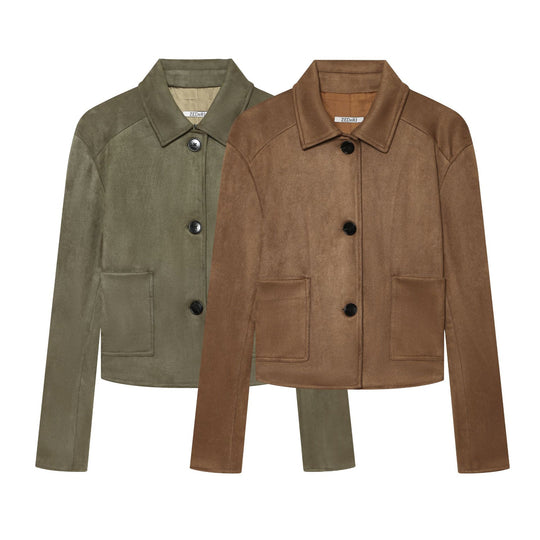 Damen Taillierter Cropped-Blouson aus Veloursimitat mit Hemdkragen und aufgesetzten Taschen Nord Taschen