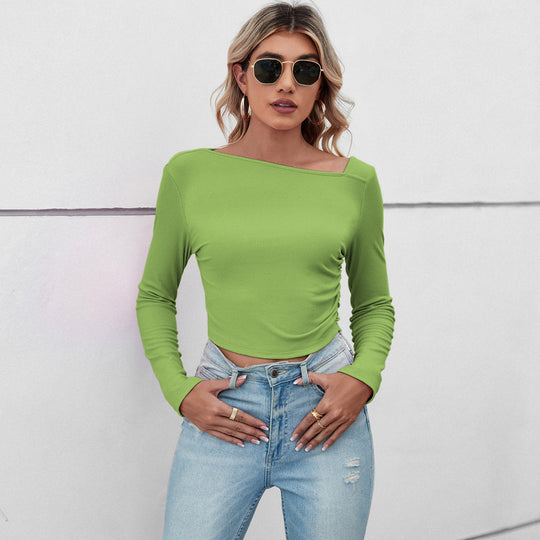Damen figurbetontes geripptes Langarm-Cropped-Top mit asymmetrischer Schulterlinie und taillierter Stretch-Passform Nord Taschen