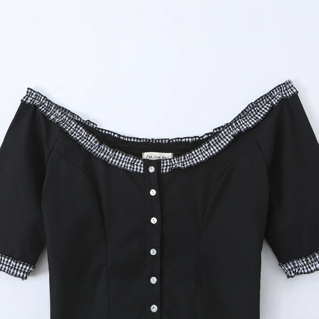 Damen Off-Shoulder Carmenkleid mit Knopfleiste, taillierter A‑Linie und kariertem Rüschenbesatz Nord Taschen