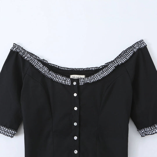 Damen Off-Shoulder Carmenkleid mit Knopfleiste, taillierter A‑Linie und kariertem Rüschenbesatz Nord Taschen