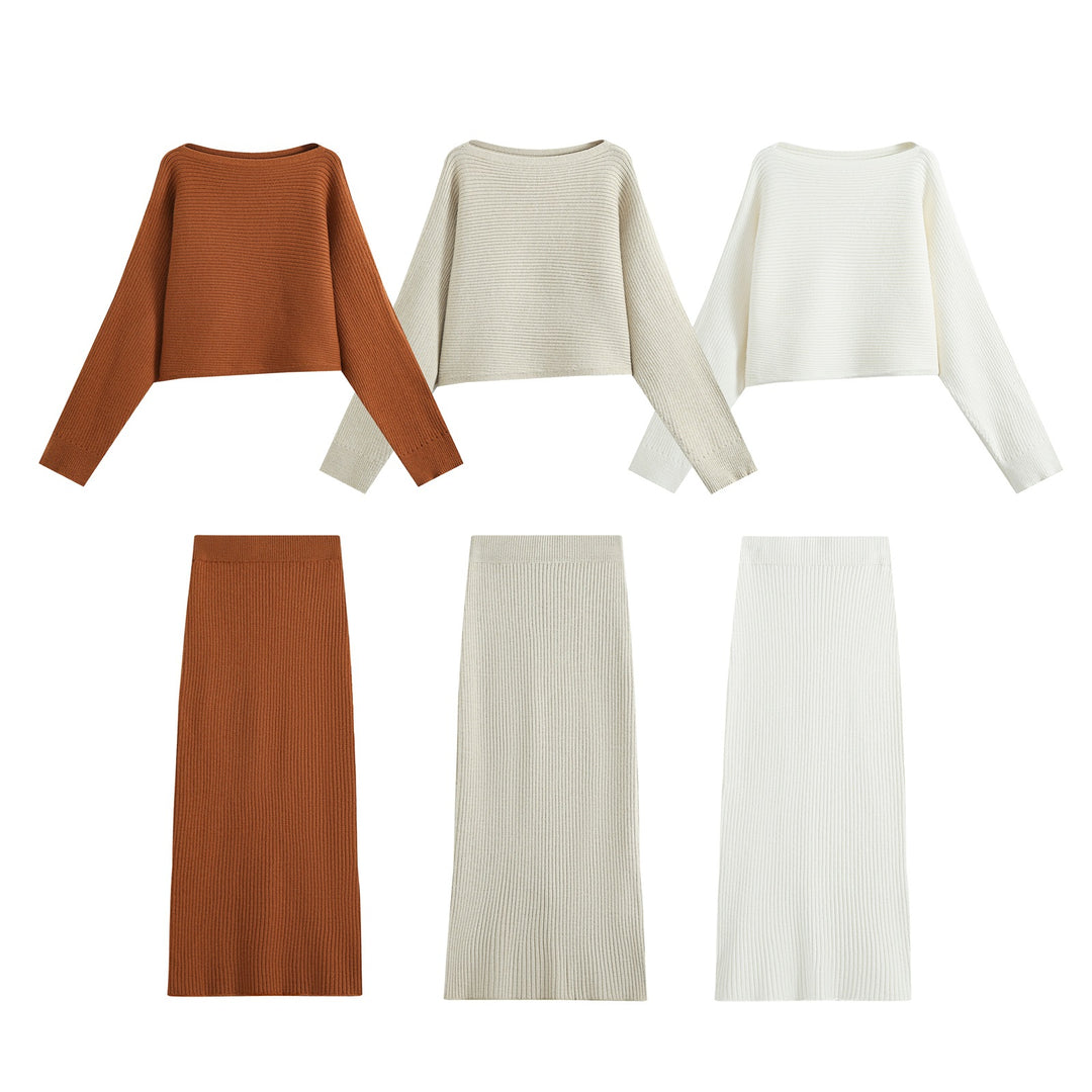 Damen Zweiteiliger gerippter Strick‑Set mit Cropped‑Pullover und Midirock Nord Taschen