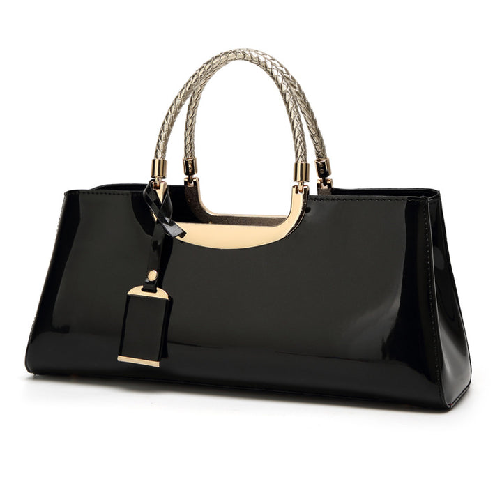 Damen edle Glanz-Handtasche mit geflochtenem Tragegriff Nord Taschen