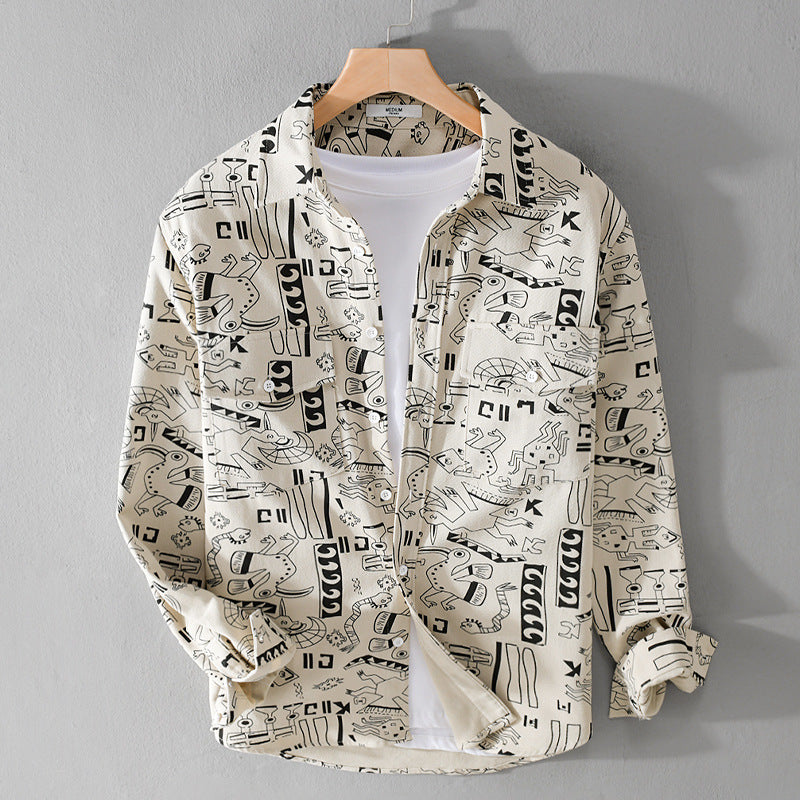 Herren Leichtes Baumwoll-Overshirt mit künstlerischem Linien-Print und doppelter Brusttasche Nord Taschen