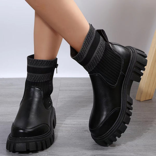 Damen Chunky Chelsea‑Boots mit Strickschaft, Reißverschluss und grober Lug‑Sohle Nord Taschen