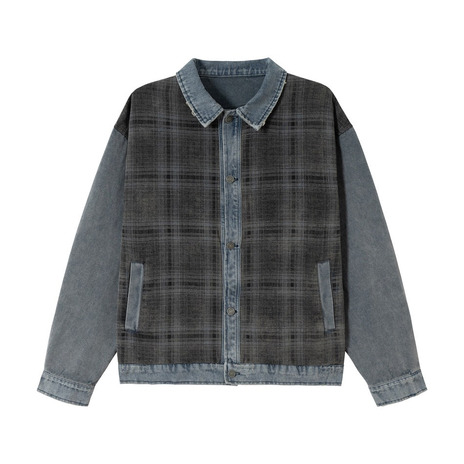 Unisex Boxy-Jeansblouson mit karierter Frontpaneel, kontrastierenden Denim-Ärmeln und Druckknopfleiste Nord Taschen