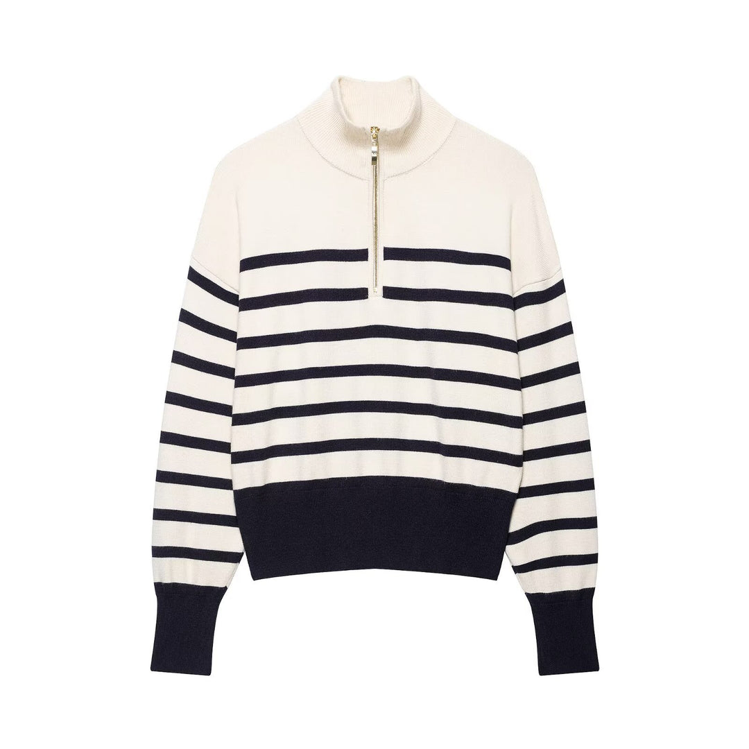 Damen Gestreifter Feinstrick-Pullover mit Stehkragen und Halbzip Nord Taschen