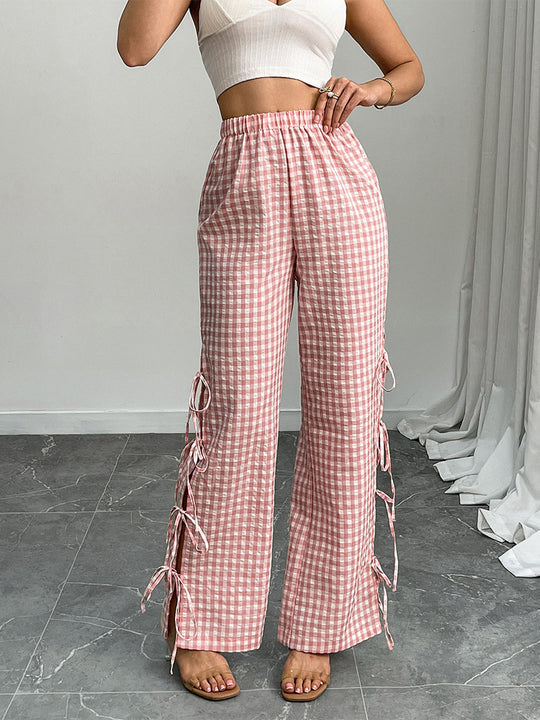 Damen High‑Waist Leinenoptik-Hose mit Gingham-Karo, weitem Bein & seitlichen Bändchen-Details Nord Taschen