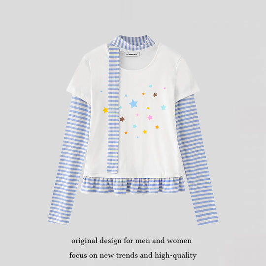Damen Lagen-Langarmshirt mit Streifen-Ärmeln, Sternenprint, Volant-Saum und Schal-Detail Nord Taschen