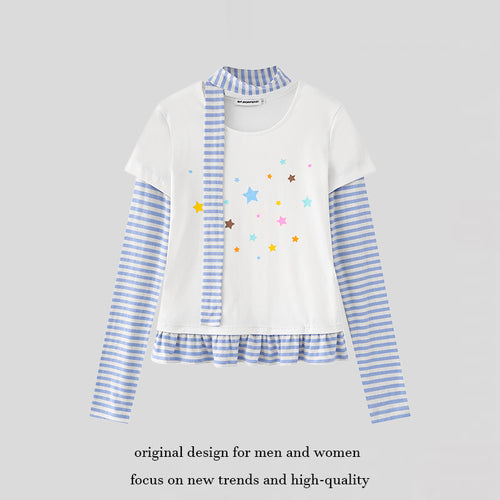 Damen Lagen-Langarmshirt mit Streifen-Ärmeln, Sternenprint, Volant-Saum und Schal-Detail Nord Taschen