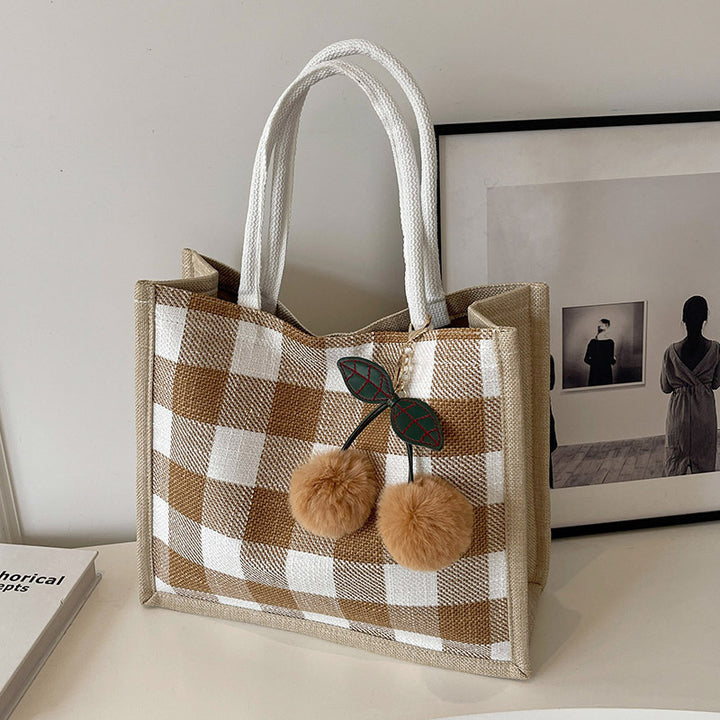 Damen Shopper-Tasche mit kariertem Design und verspielten Pompons Nord Taschen